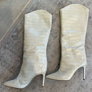 SCHUTZ Cream Heeled Boots with Pointed Toe and Tall Slim Heel